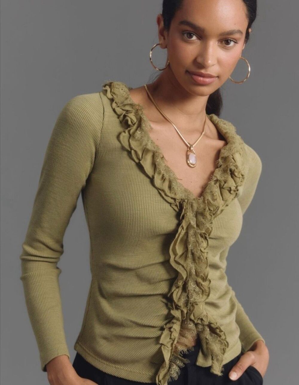 By Anthropologie Ruffle-Front Cardigan Sweater Green‎ Size XXS Button Up Boho